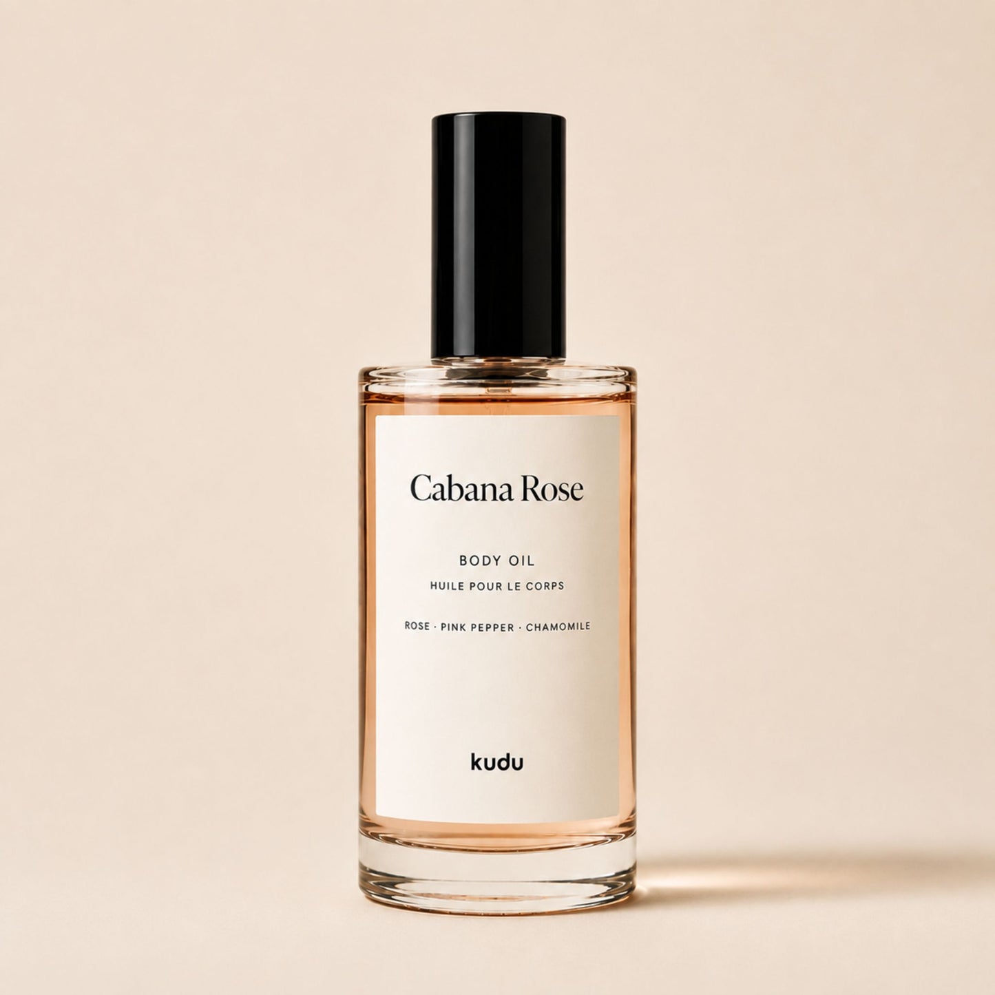 Cabana Rose Body Oil by Kudu Cosmetica in a glass bottle