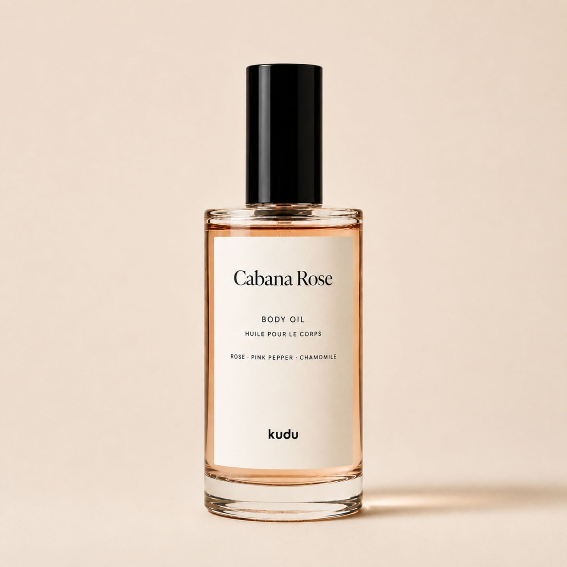Cabana Rose Body Oil by Kudu Cosmetica in a glass bottle