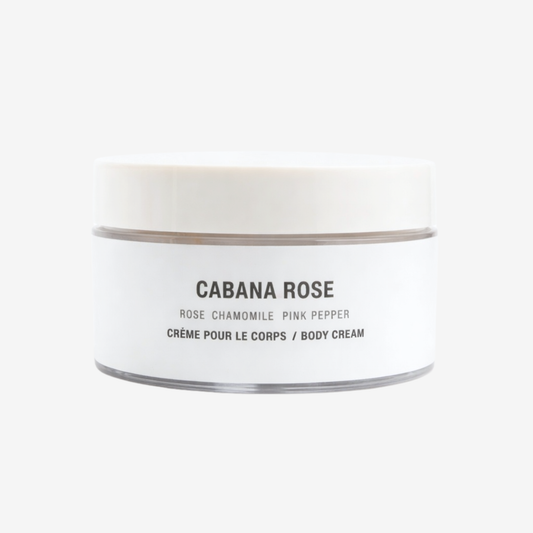 Body cream jar labeled 'Cabana Rose' on a white background