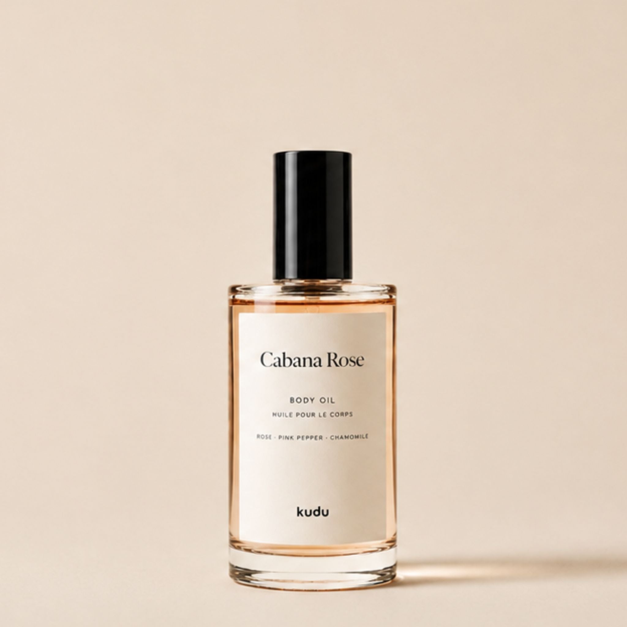 Cabana Rose Body Oil by Kudu Cosmetica in a glass bottle