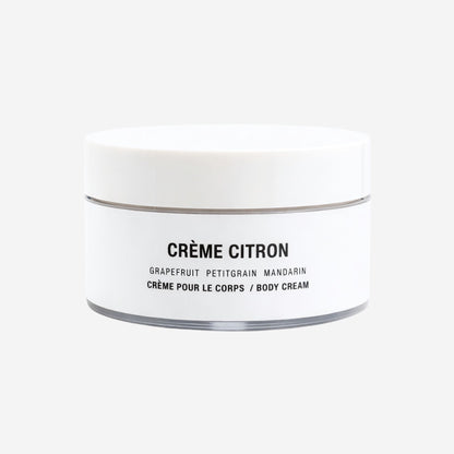 Creme citron scented body cream with grapefruit, petitgrain and mandarin.