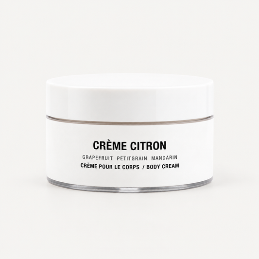 Creme citron scented body cream with grapefruit, petitgrain and mandarin.