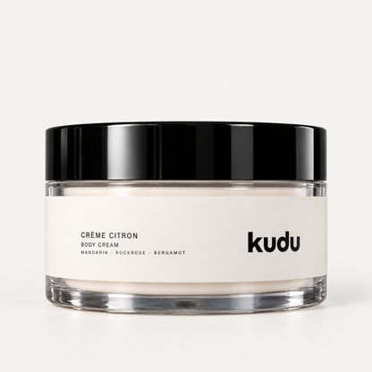 Creme citron scented body cream with grapefruit petitgrain and mandarin.