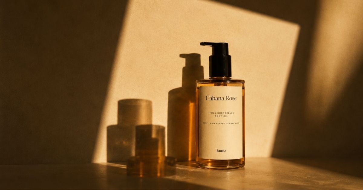 Cabana Rose body oil by Kudu Cosmetica on a wooden surface in warm sunlight and shadows.