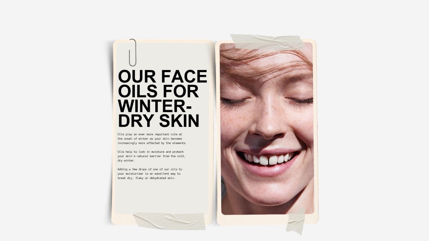 Advertisement for face oils for winter-dry skin with a smiling person's face on a white background.