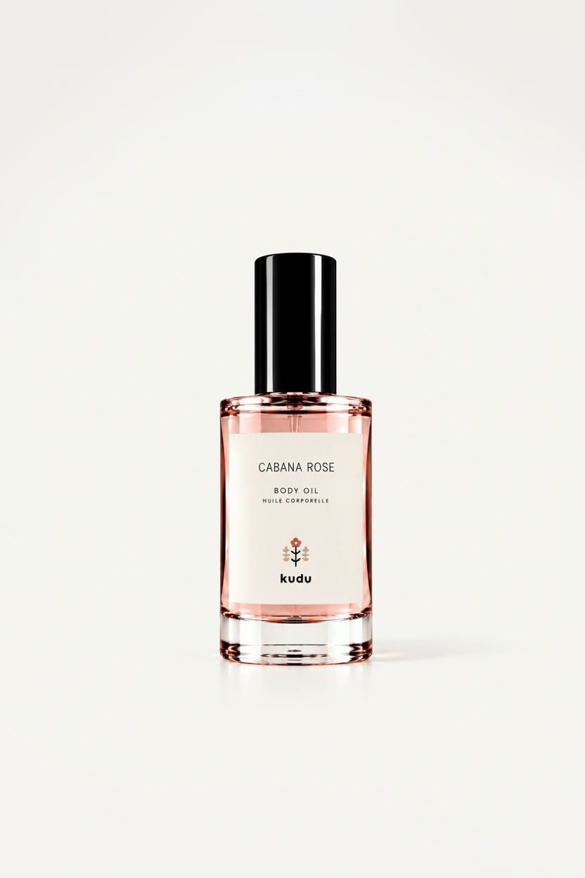 A bottle of Kudu Cabana Rose Body Oil on a clean white background. The clear glass bottle shows the pink rose-colored oil inside, with a white label and a black cap.