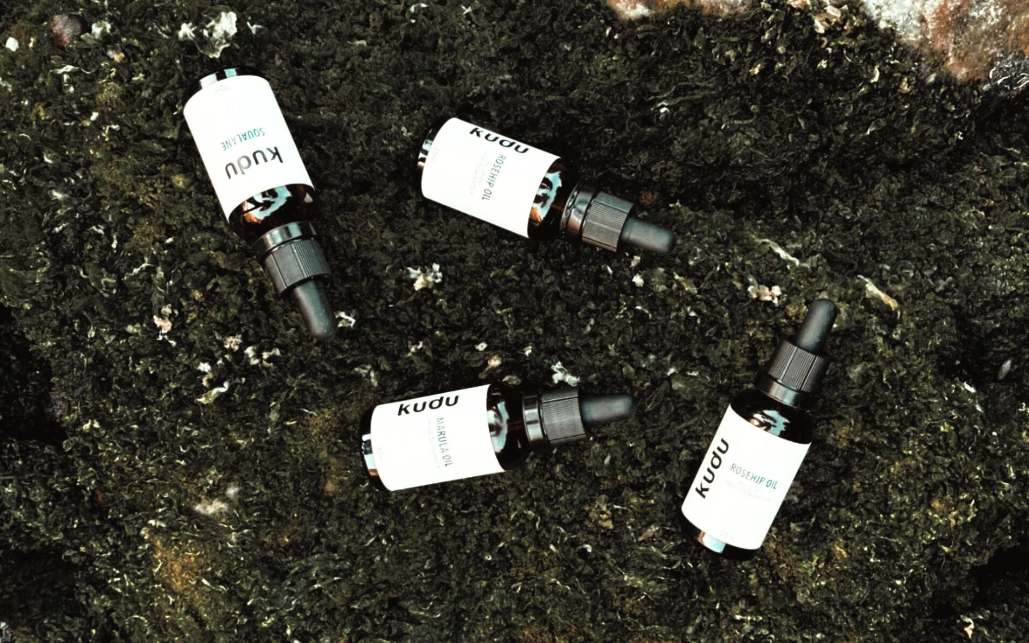 Four dropper bottles labeled "Kudu" are arranged on a patch of dark green moss.