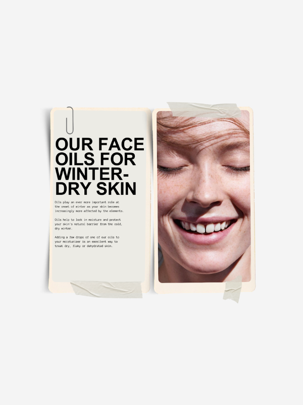 Open book with text about face oils for winter-dry skin and a smiling person's face on a white background