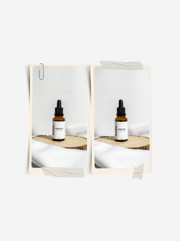 Two images of a bottle labeled 'Kudu' on a wooden surface with a white background.