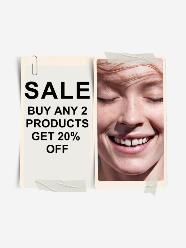 Cosmetic packaging with a promotional offer and a close-up of a smiling person's face.