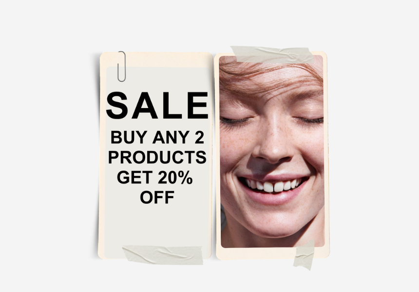 Promotional flyer with a woman's face and sale text on a white background